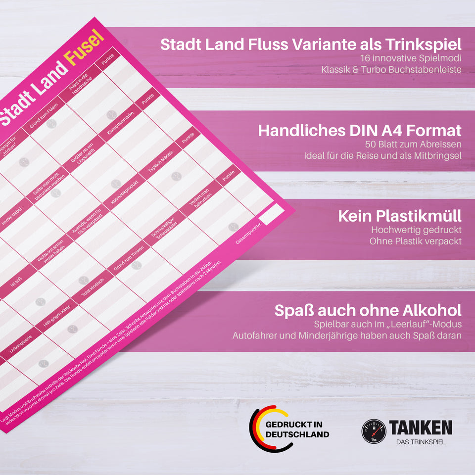 TANKEN Stadt Land Fusel Trinkspiel - Girls Edition - 